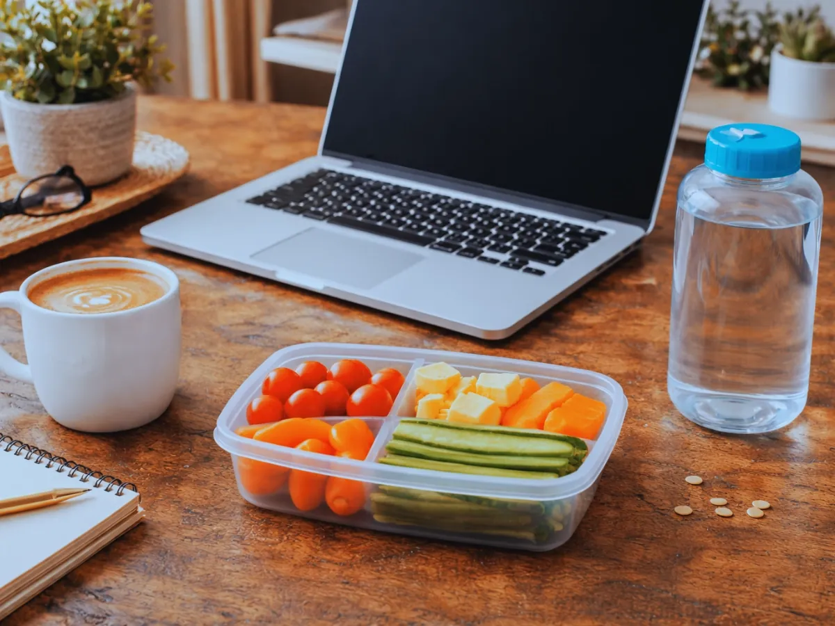Desk snack setup with a laptop and a box of vegetable snacks for long workdays